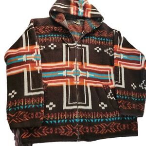 Vintage‎ Earth Ragz Hoodie XL Southwestern Aztec Full Zip Fuzzy Brown Sweater